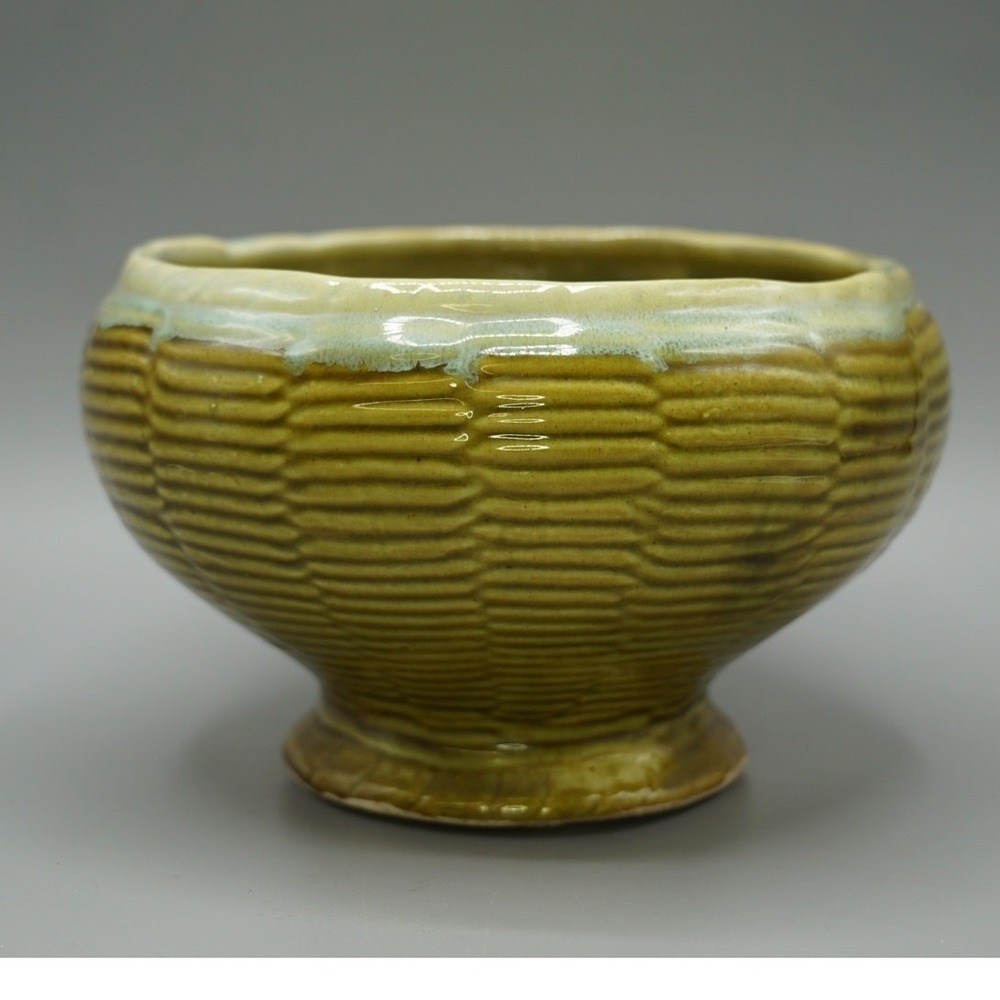Vintage MCM Olive Green Drip Glaze Footed Pottery Planter Bowl Ribbed Textured